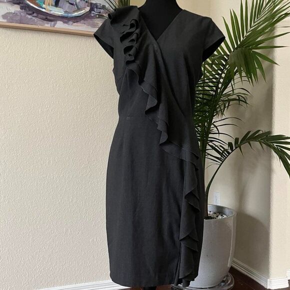 Calvin Klein Dresses & Skirts - Calvin Klein Dress Womens Gray Sheath Knee Length Ruffle Career Office V Neck 12